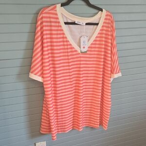 UEU Coral Stripe V-Neck Tee with Cream Trim